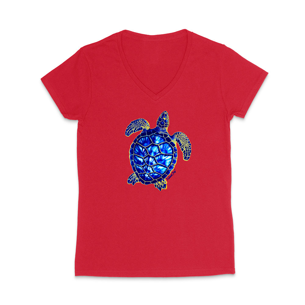 Red V-neck t-shirt with a blue turtle design on a white background