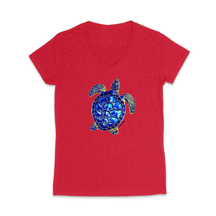 Red V-neck t-shirt with a blue turtle design on a white background