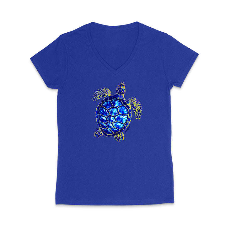 Blue t-shirt with a turtle design on a white background