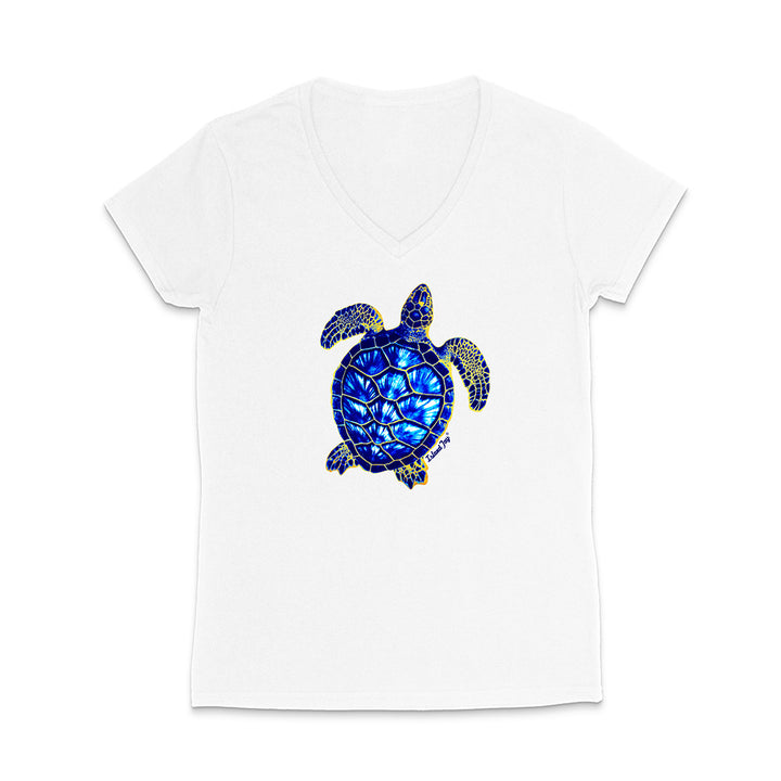 White t-shirt with a blue turtle design on a white background