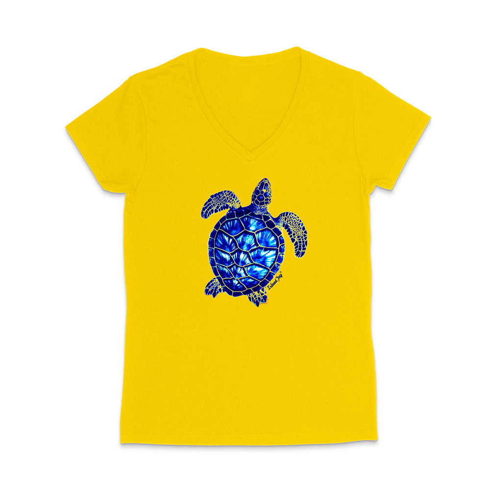 Yellow t-shirt with a blue turtle design on a white background