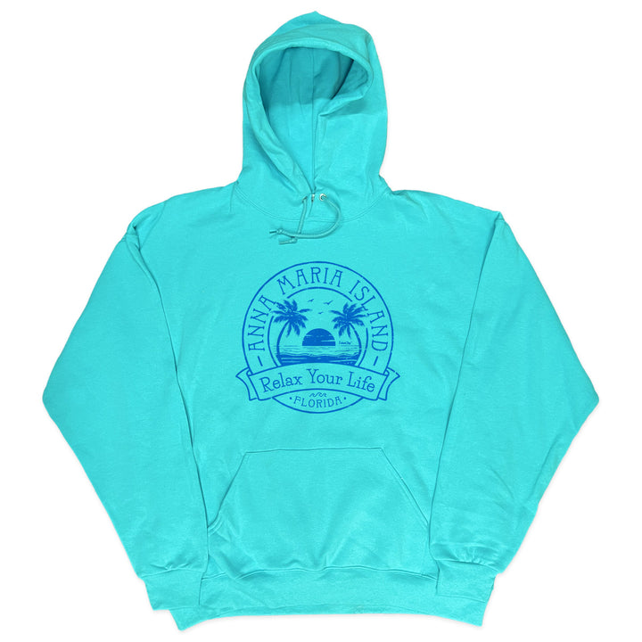 Anna Maria Island Relax Your Life Palm Tree Soft Style Pullover Hoodie Scuba Blue