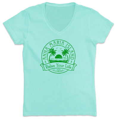 Women's Anna Maria Island Relax Your Life Palm Tree V-Neck T-Shirt