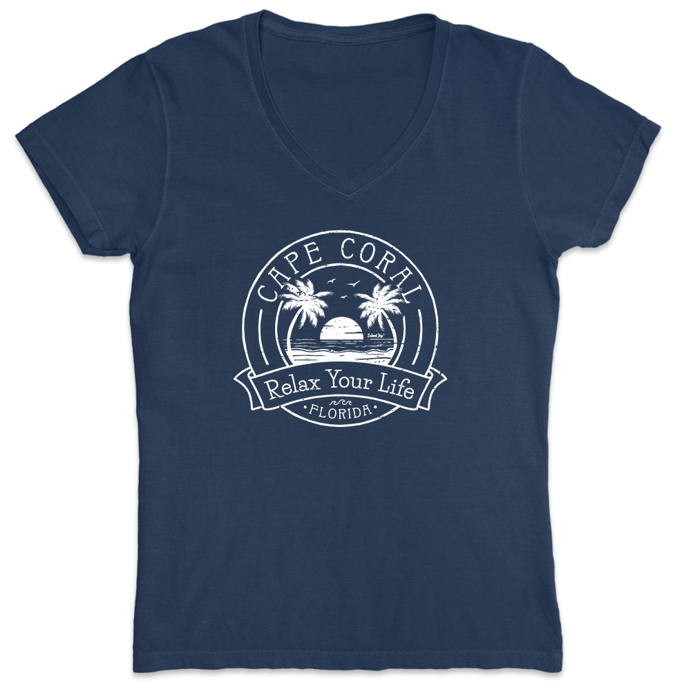 Women's Cape Coral Relax Your Life Palm Tree V-Neck T-Shirt Navy