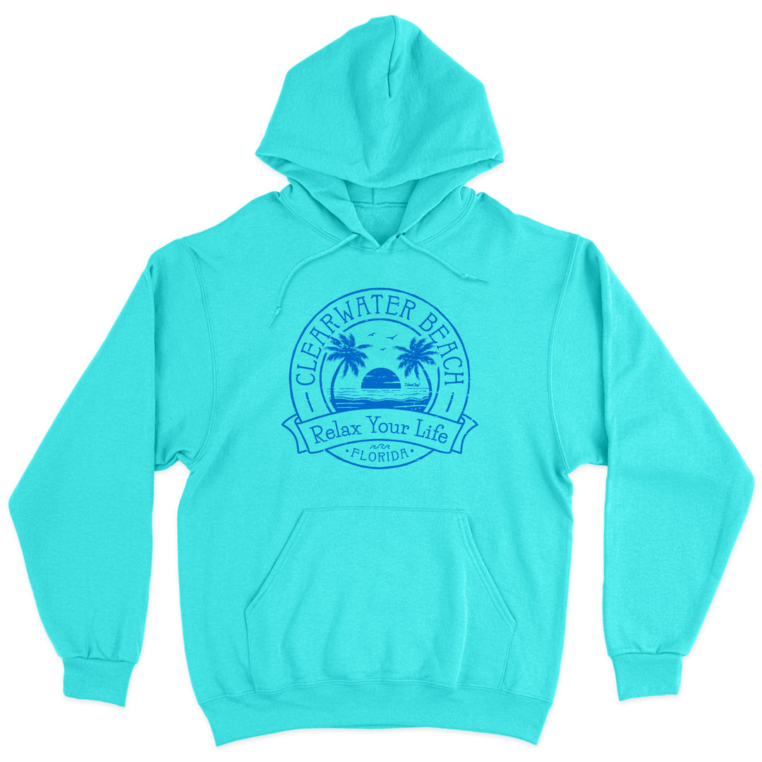 Clearwater Beach Relax Your Life Palm Tree Soft Style Pullover Hoodie XL / Scuba Blue