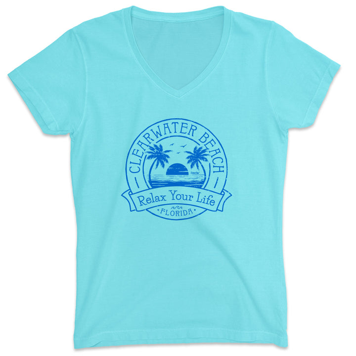 Women's Clearwater Beach Relax Your Life Palm Tree V-Neck T-Shirt Aqua Blue