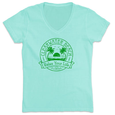 Women's Clearwater Beach Relax Your Life Palm Tree V-Neck T-Shirt Chill Green