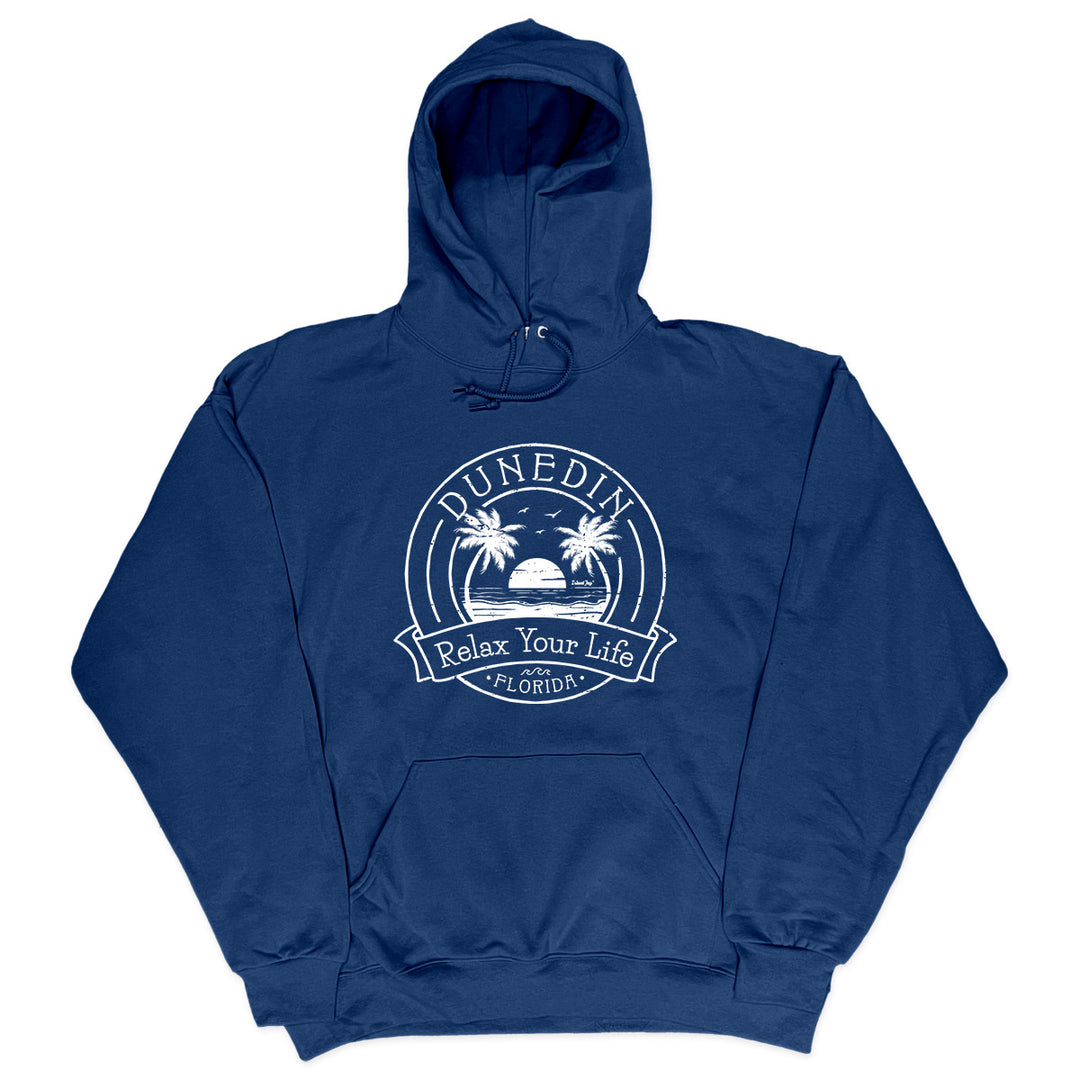 Dunedin Relax Your Life Palm Tree Soft Style Pullover Hoodie Navy