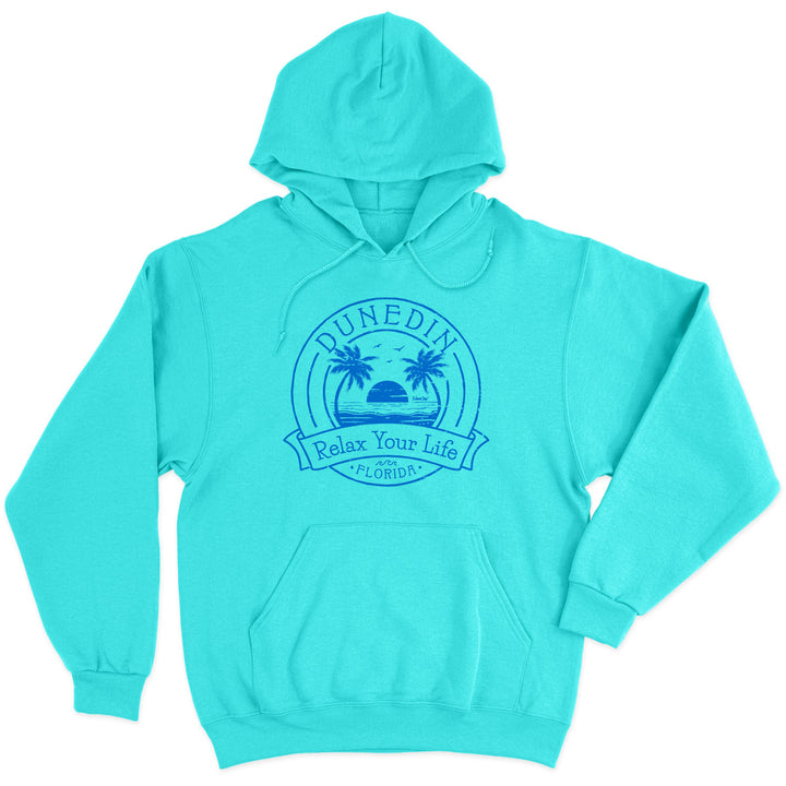 Dunedin Relax Your Life Palm Tree Soft Style Pullover Hoodie Scuba Blue