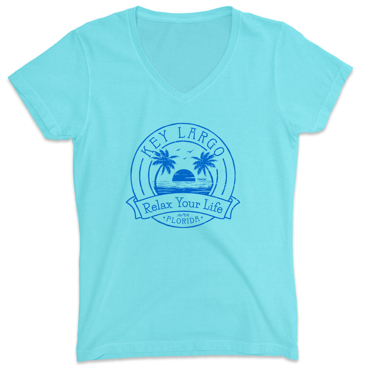 Women's Key Largo Relax Your Life Palm Tree V-Neck T-Shirt Aqua