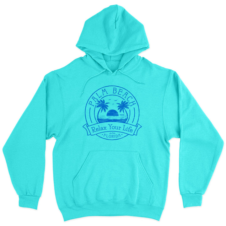 Palm Beach Relax Your Life Palm Tree Soft Style Pullover Hoodie Scuba Blue