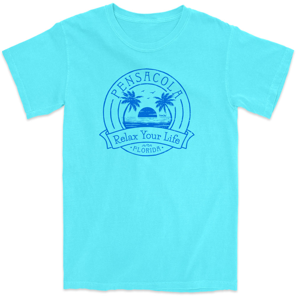 Pensacola Relax Your Life Palm Tree T-Shirt Lagoon Blue