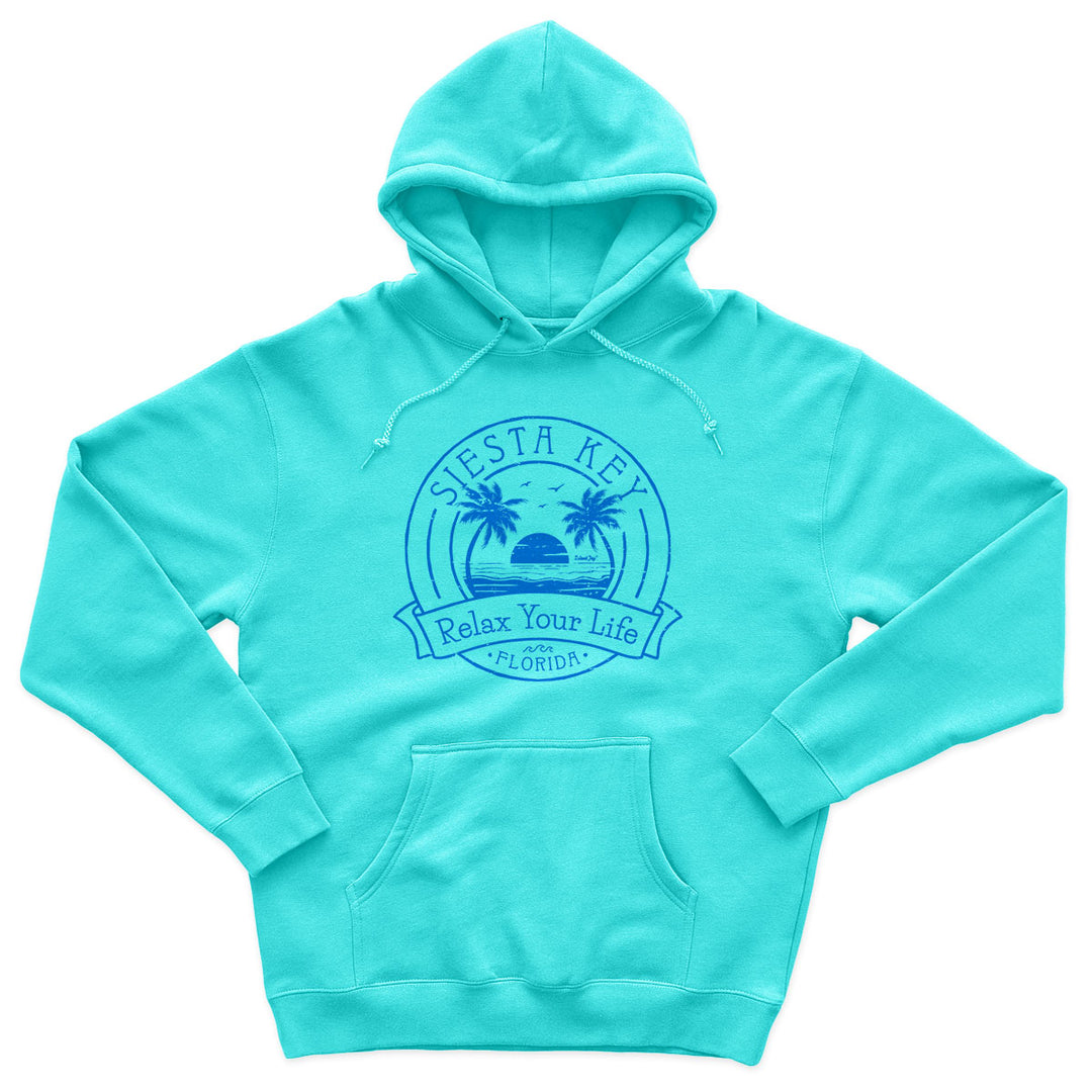 Pensacola Relax Your Life Palm Tree Soft Style Pullover Hoodie Scuba Blue