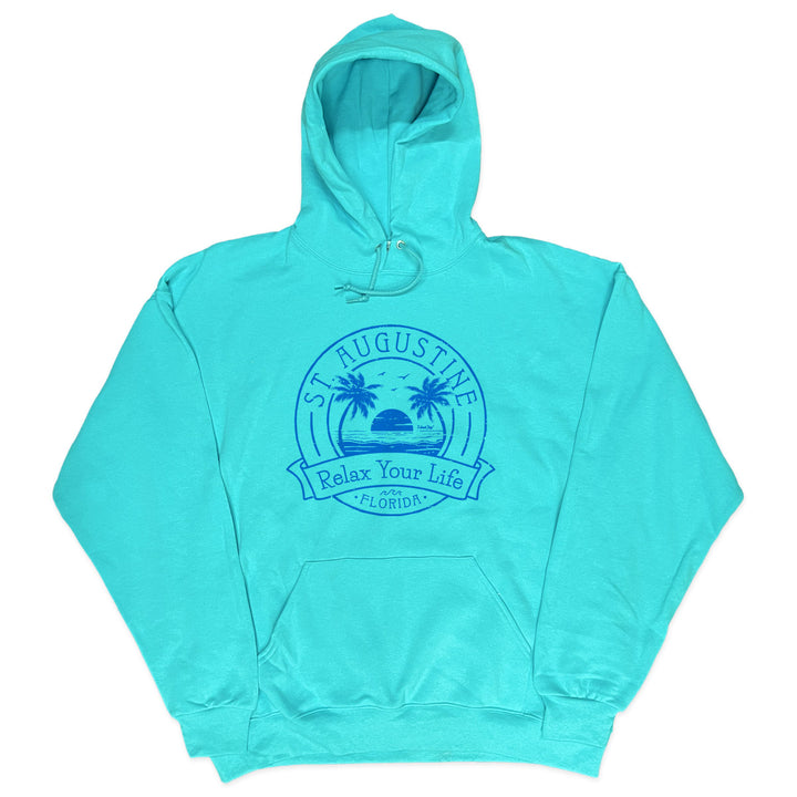 St. Augustine Relax Your Life Palm Tree Soft Style Pullover Hoodie Scuba Blue
