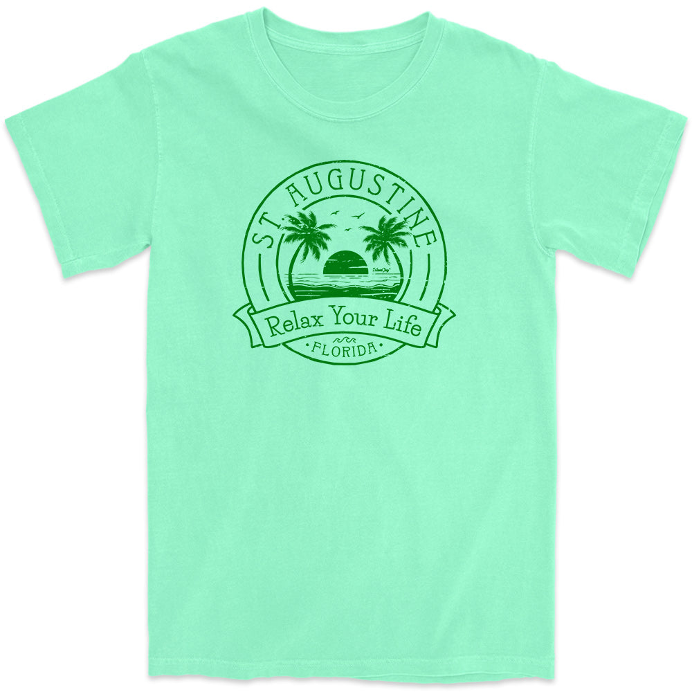 St. Augustine Relax Your Life Palm Tree T-Shirt Island Reef Green