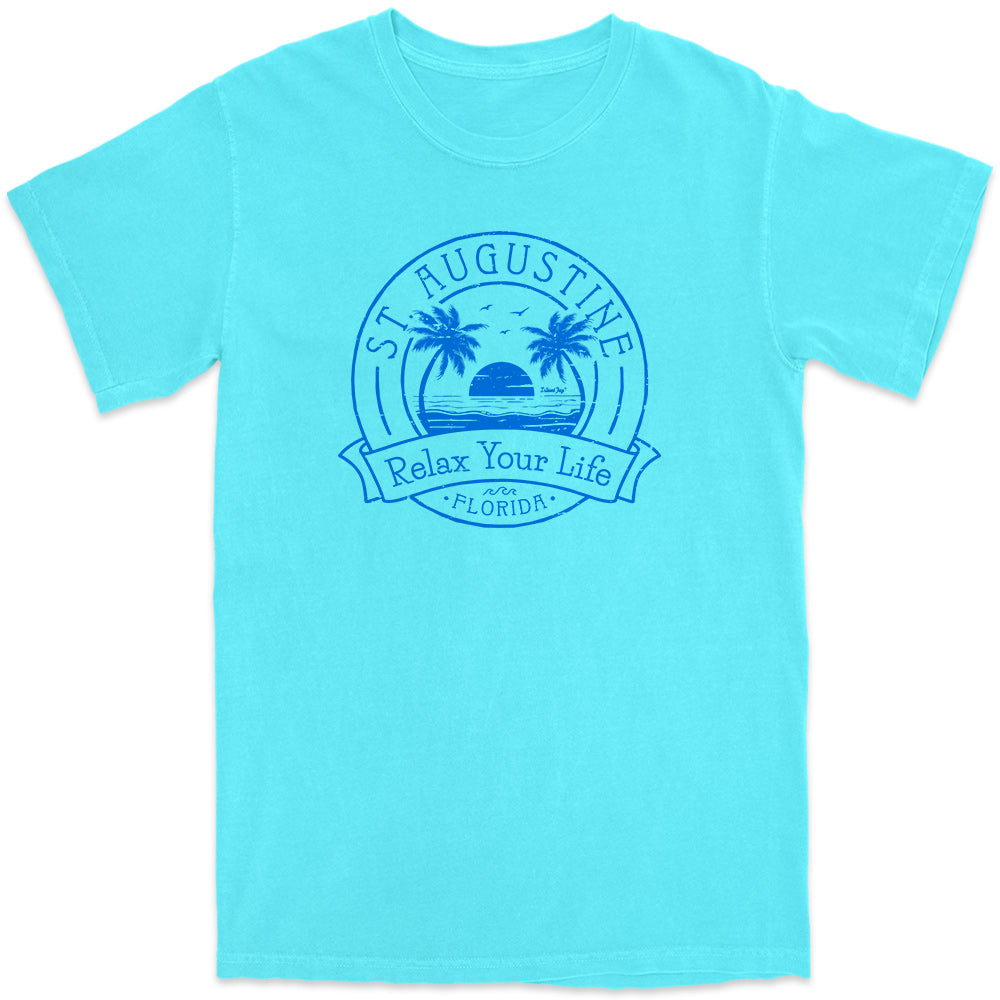 St. Augustine Relax Your Life Palm Tree T-Shirt Lagoon Blue