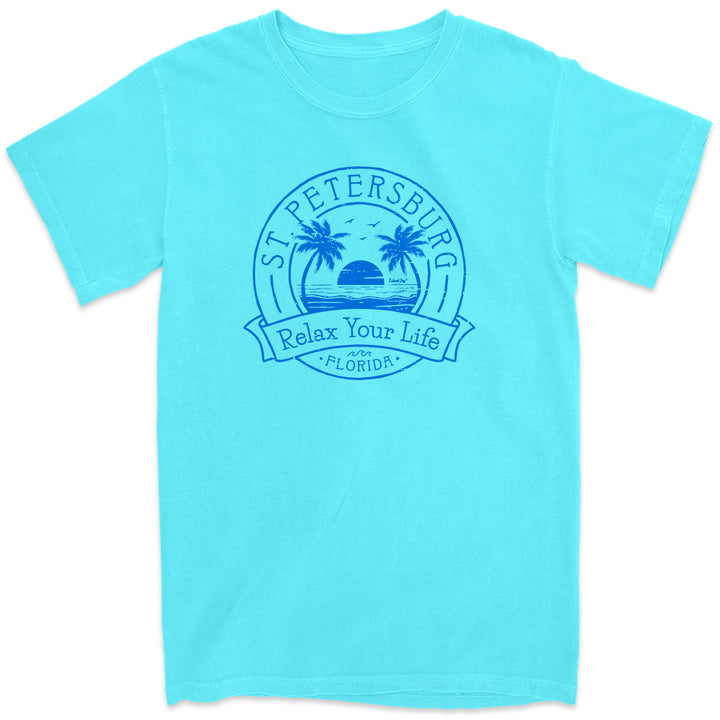St. Petersburg Relax Your Life Palm Tree T-Shirt Lagoon Blue