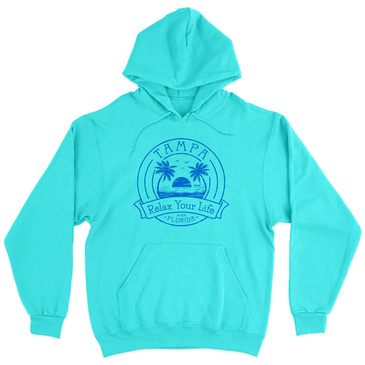 Tampa Relax Your Life Palm Tree Soft Style Pullover Hoodie Scuba Blue