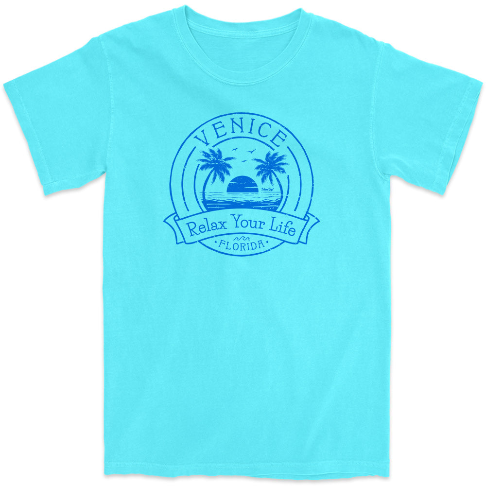Venice Relax Your Life Palm Tree T-Shirt Lagoon Blue