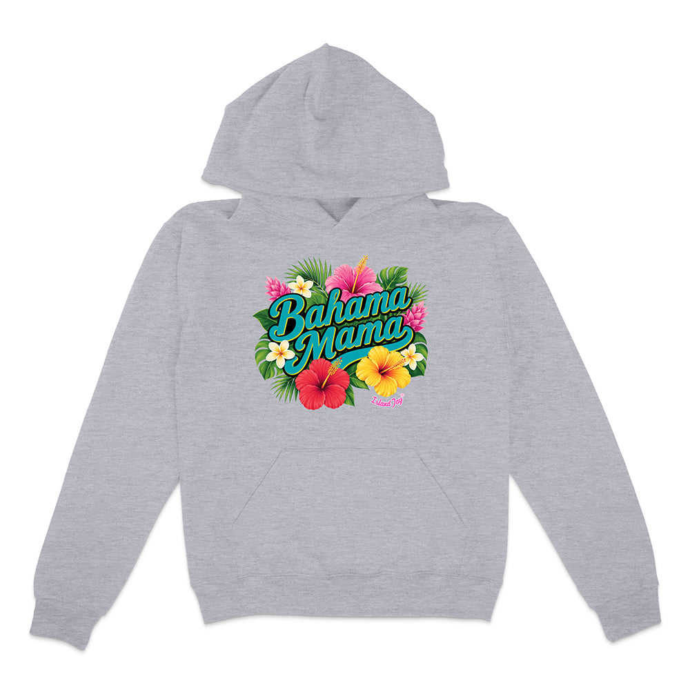 Gray hoodie with 'Bahama Mama' text and floral design on a white background