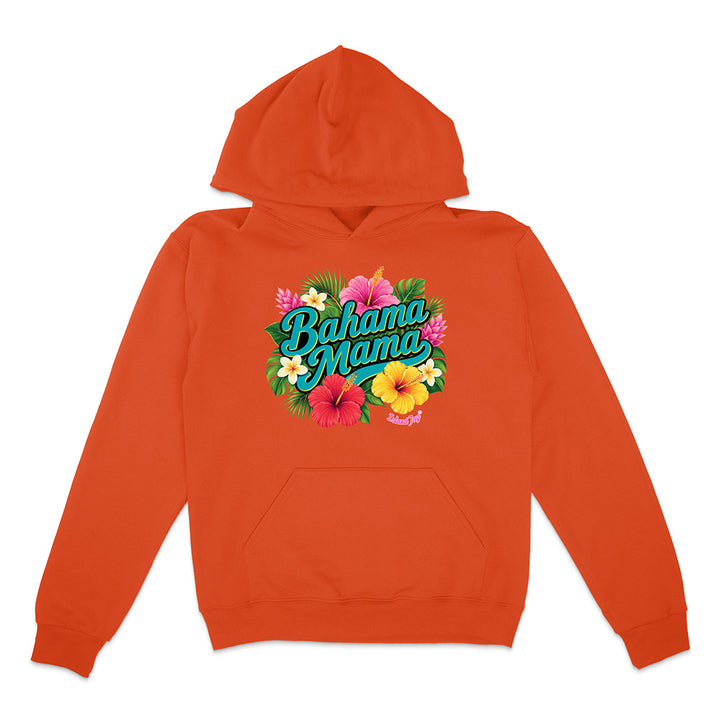 Orange hoodie with 'Bahama Mama' text and floral design on a white background