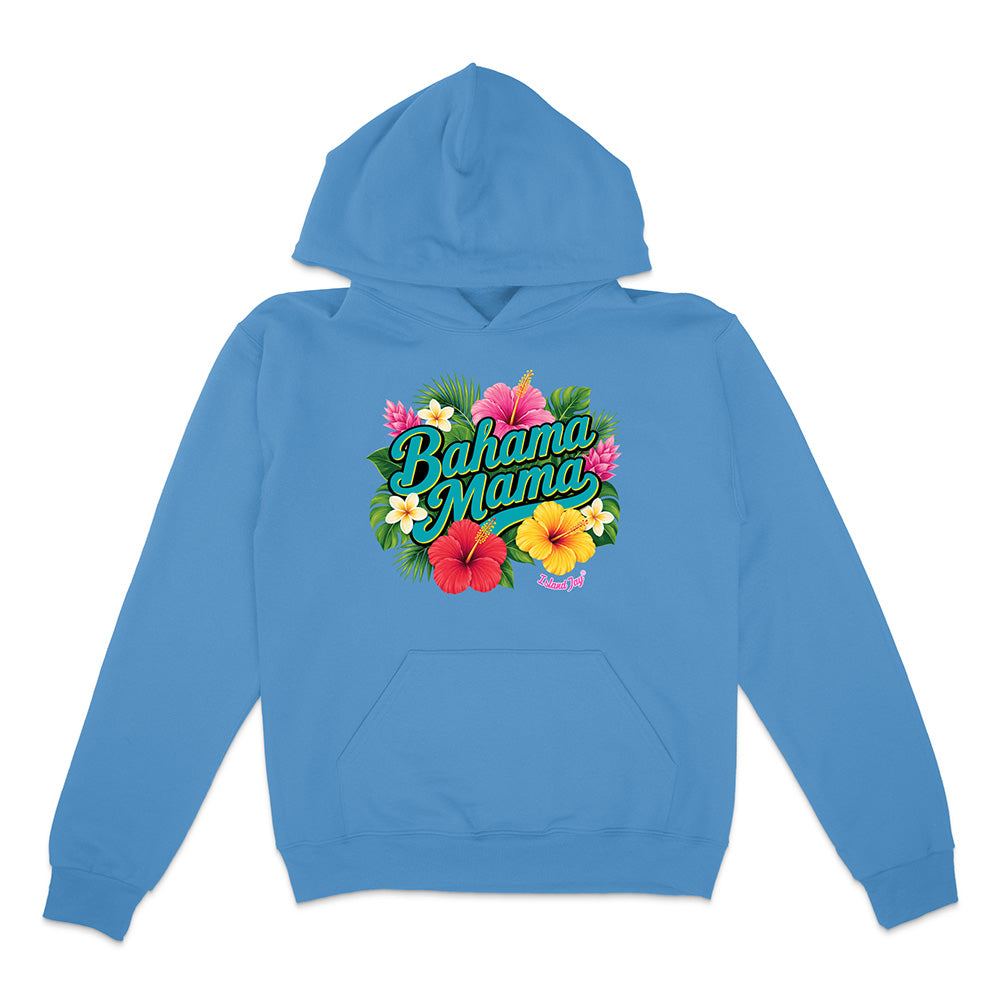 Blue hoodie with 'Bahama Mama' text and floral design on a white background