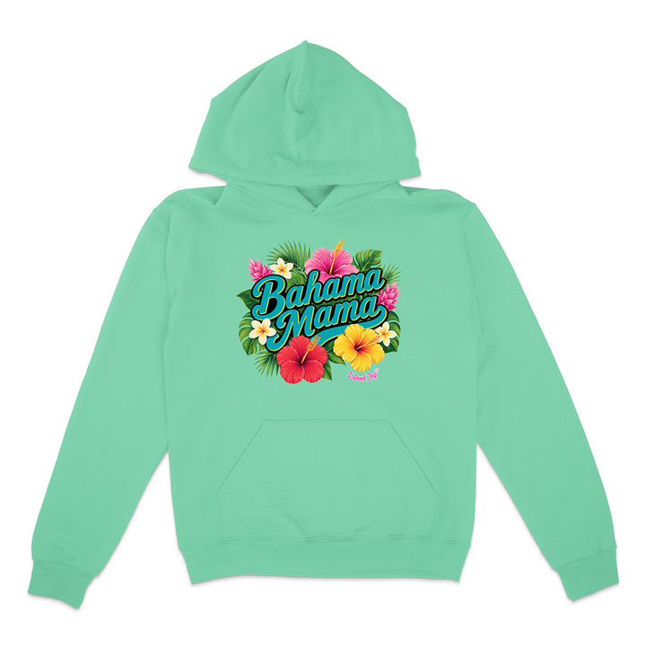 Mint green hoodie with 'Bahama Mama' text and floral design on a white background