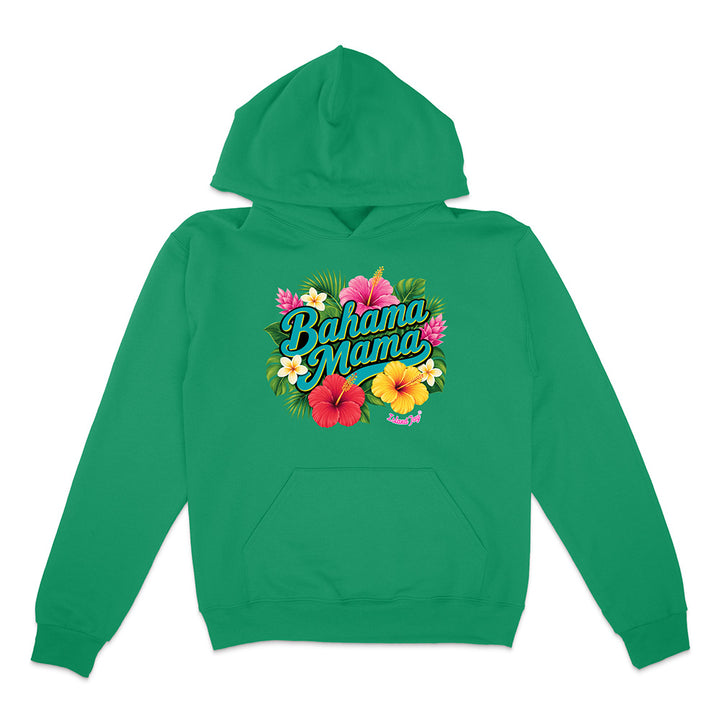 Green hoodie with 'Bahama Mama' text and floral design on a white background