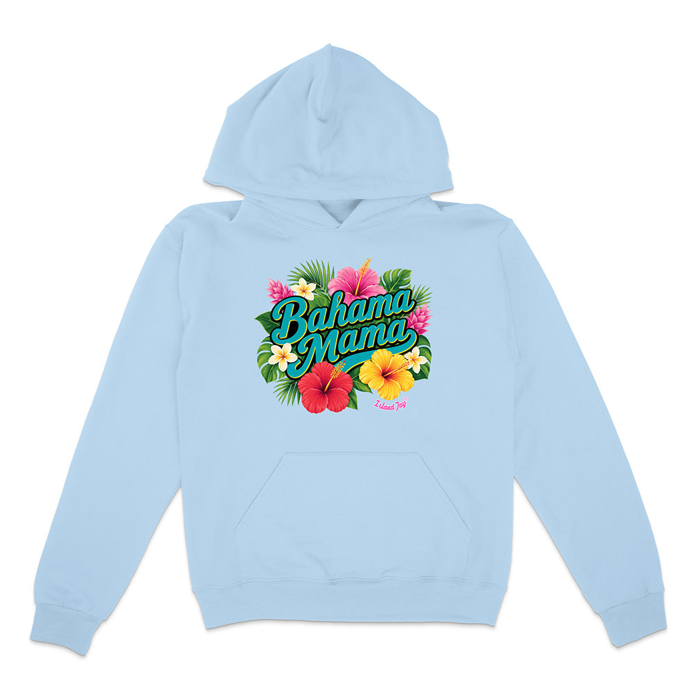Light blue hoodie with 'Bahama Mama' text and floral design on a white background