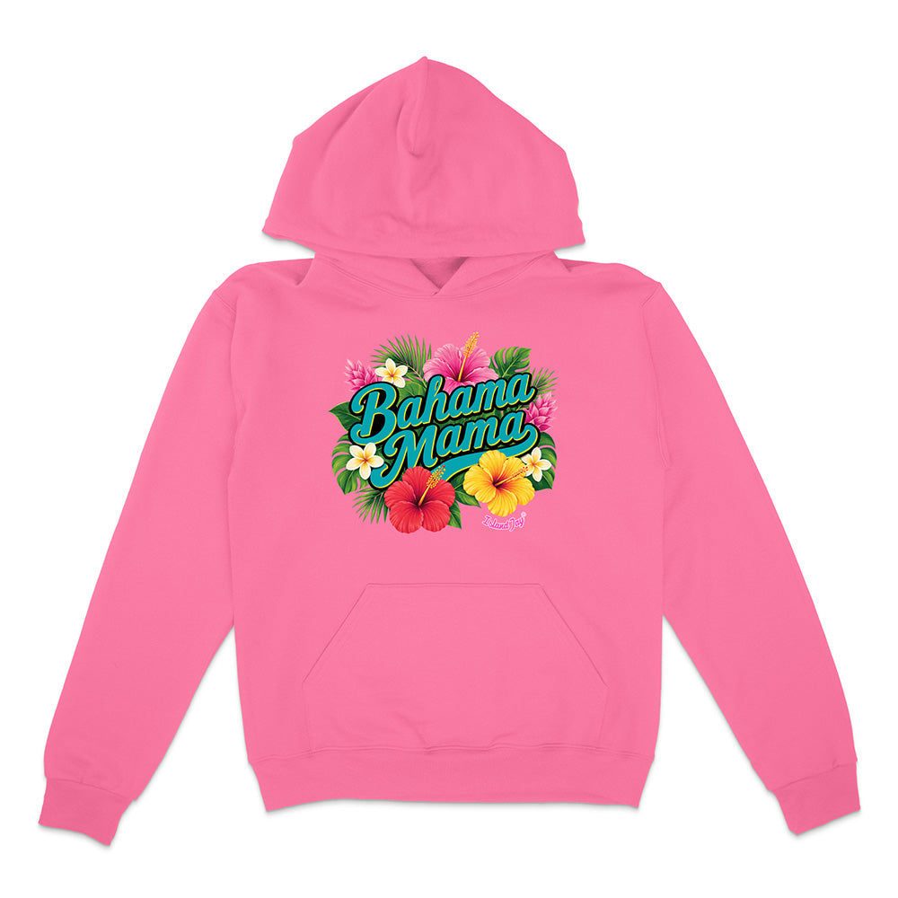 Pink hoodie with 'Bahama Mama' text and floral design on a white background