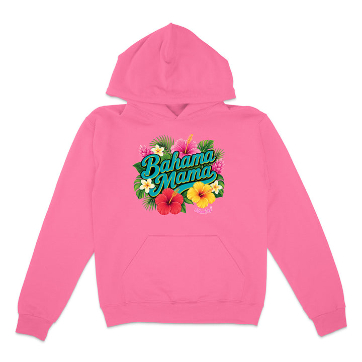 Pink hoodie with 'Bahama Mama' text and floral design on a white background