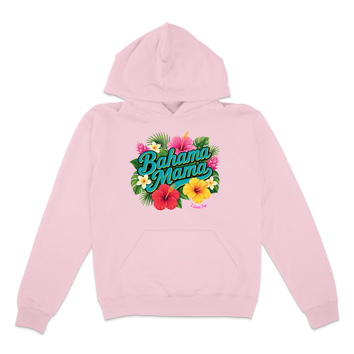 Pink hoodie with 'Bahama Mama' text and floral design on a white background