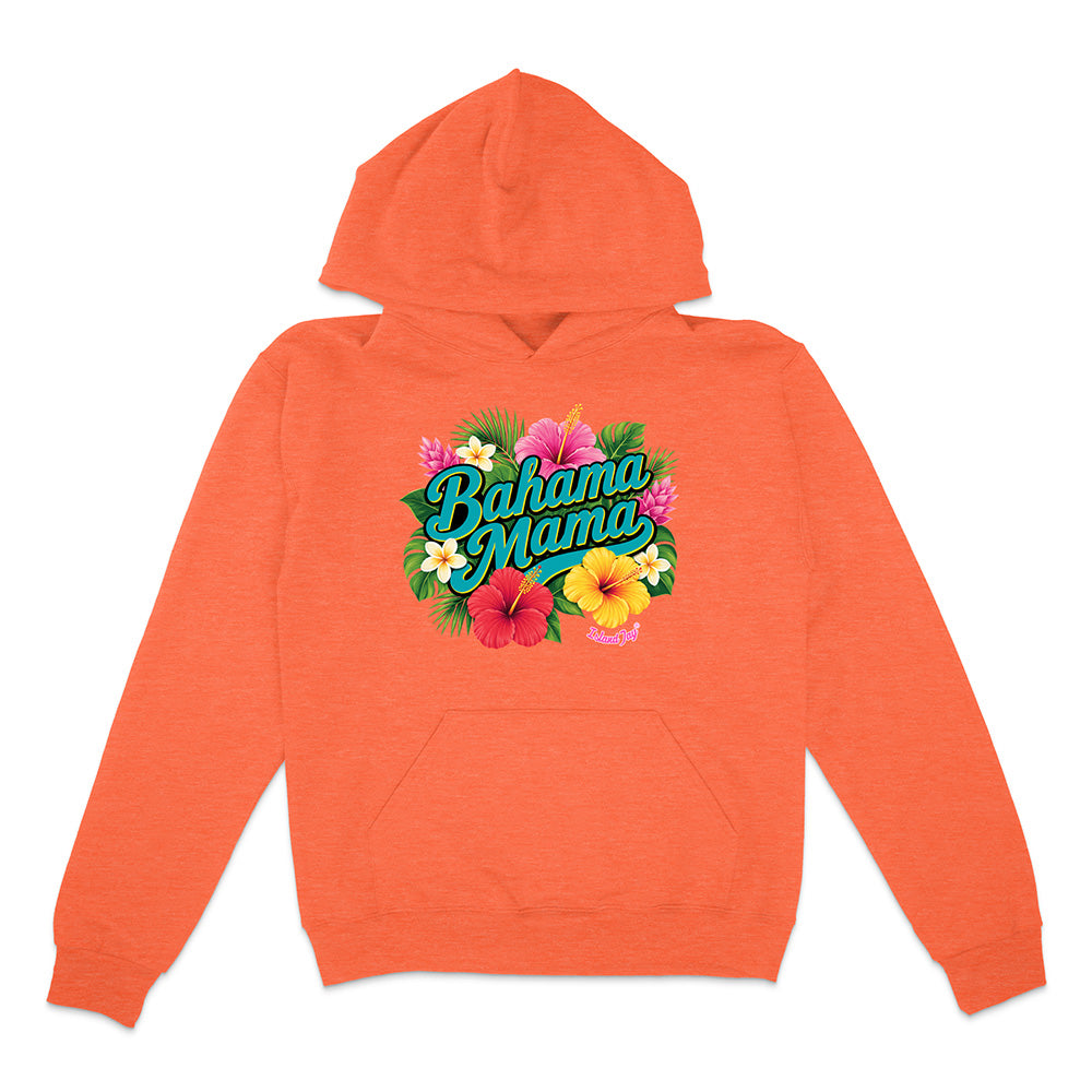 Orange hoodie with 'Bahama Mama' text and floral design on a white background
