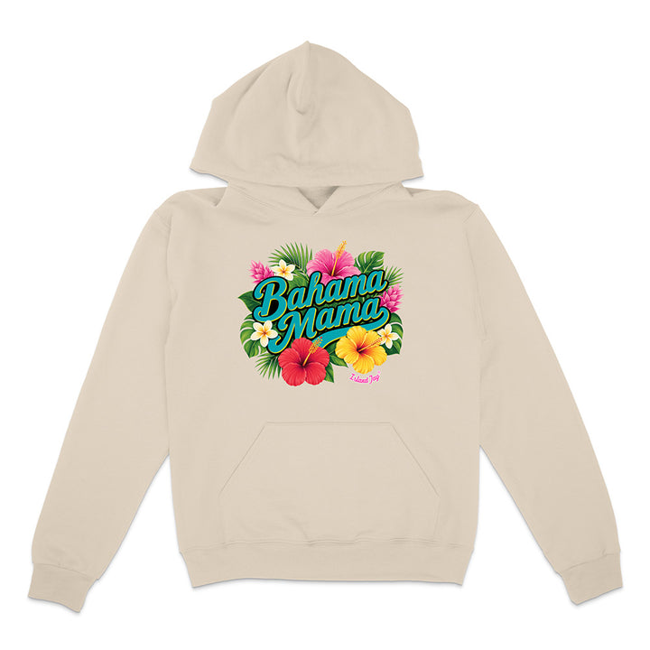Beige hoodie with 'Bahama Mama' text and floral design on a white background