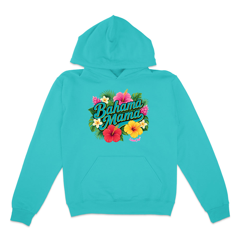 Turquoise hoodie with 'Bahama Mama' text and floral design on a white background