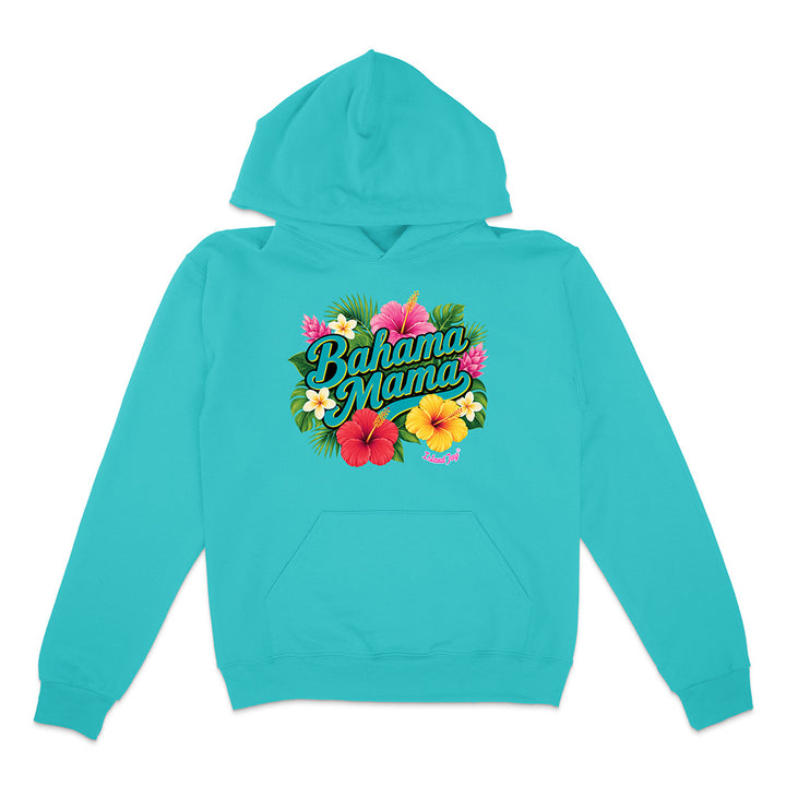 Turquoise hoodie with 'Bahama Mama' text and floral design on a white background