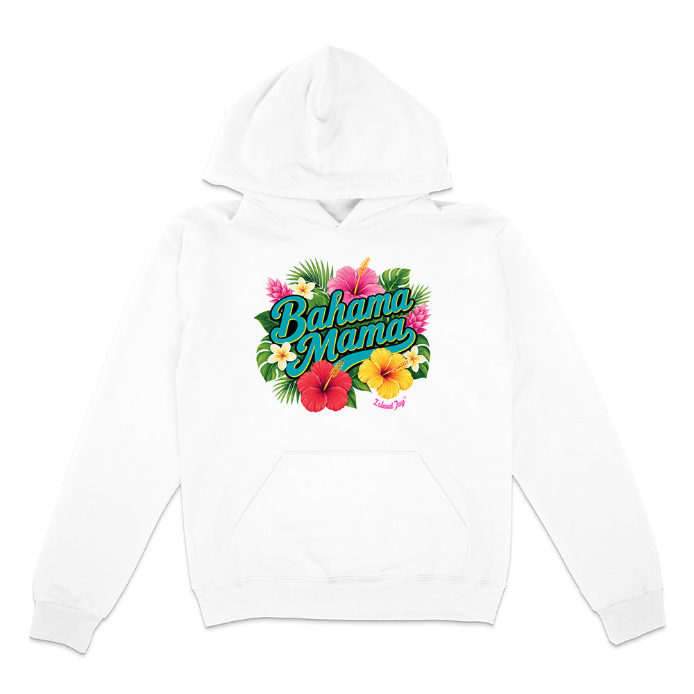 White hoodie with 'Bahama Mama' text and floral design on a white background