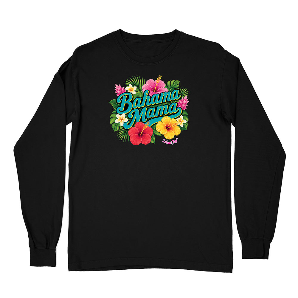 Black long-sleeve shirt with 'Bahama Mama' text and floral design on a white background