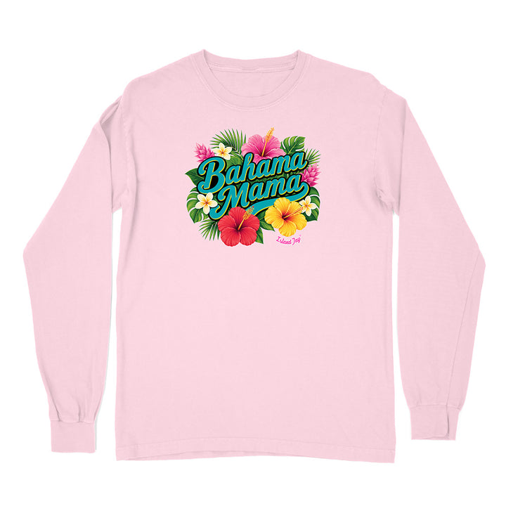 Pink long-sleeve shirt with 'Bahama Mama' graphic design on a white background