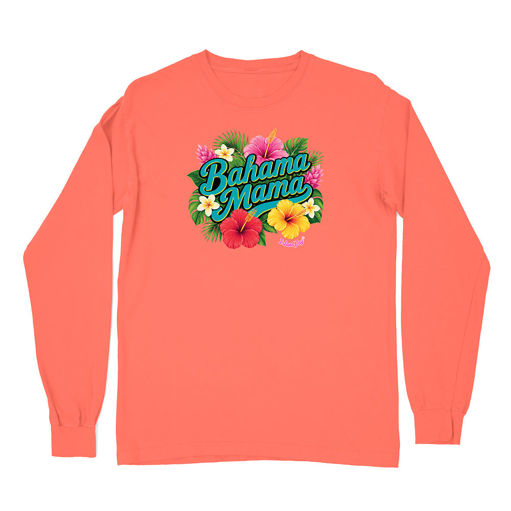 Coral long-sleeve shirt with 'Bahama Mama' text and floral design on a white background