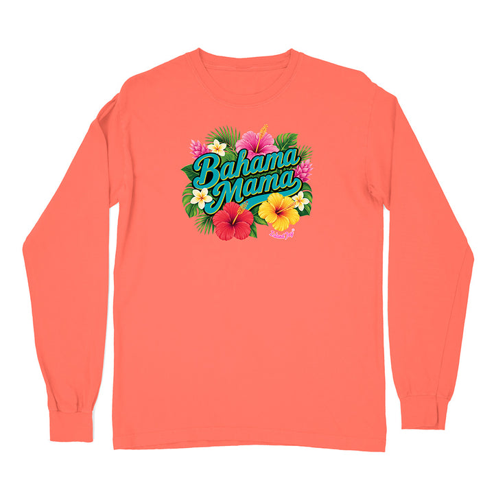 Coral long-sleeve shirt with 'Bahama Mama' text and floral design on a white background