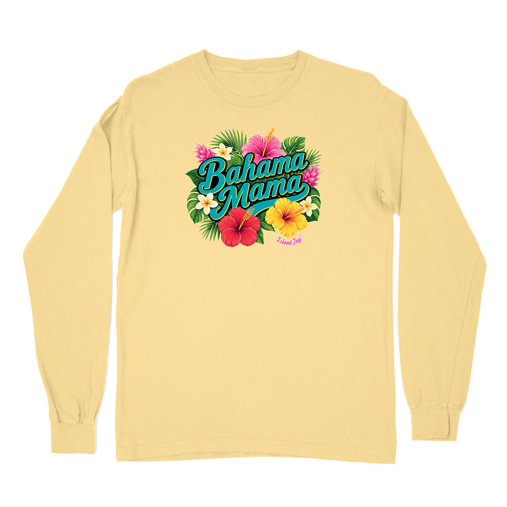 Yellow long-sleeve shirt with 'Bahama Mama' graphic design on a white background