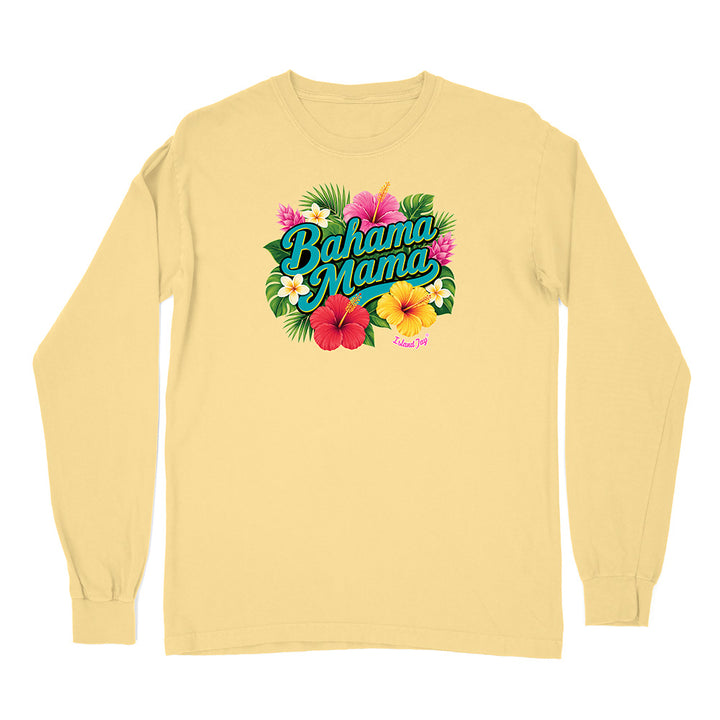 Yellow long-sleeve shirt with 'Bahama Mama' graphic design on a white background