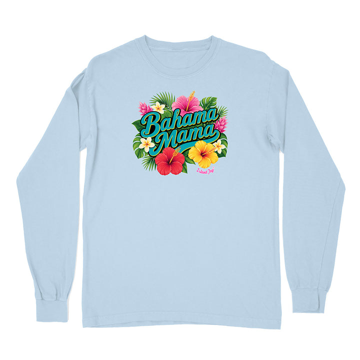 Light blue long-sleeve shirt with 'Bahama Mama' graphic design featuring flowers on a white background