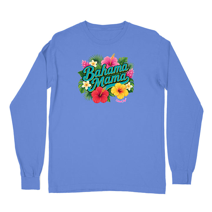 Blue long-sleeve shirt with 'Bahama Mama' text and floral design on a white background