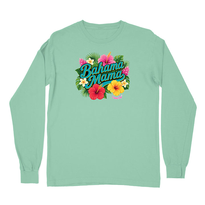 Mint green long-sleeve shirt with 'Bahama Mama' graphic design on a white background
