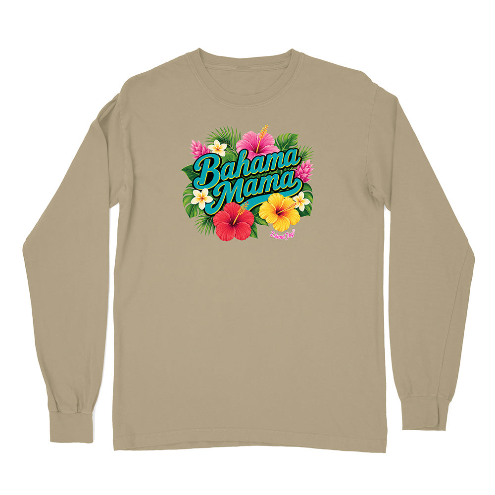 Beige long-sleeve shirt with 'Bahama Mama' graphic design featuring flowers on a white background