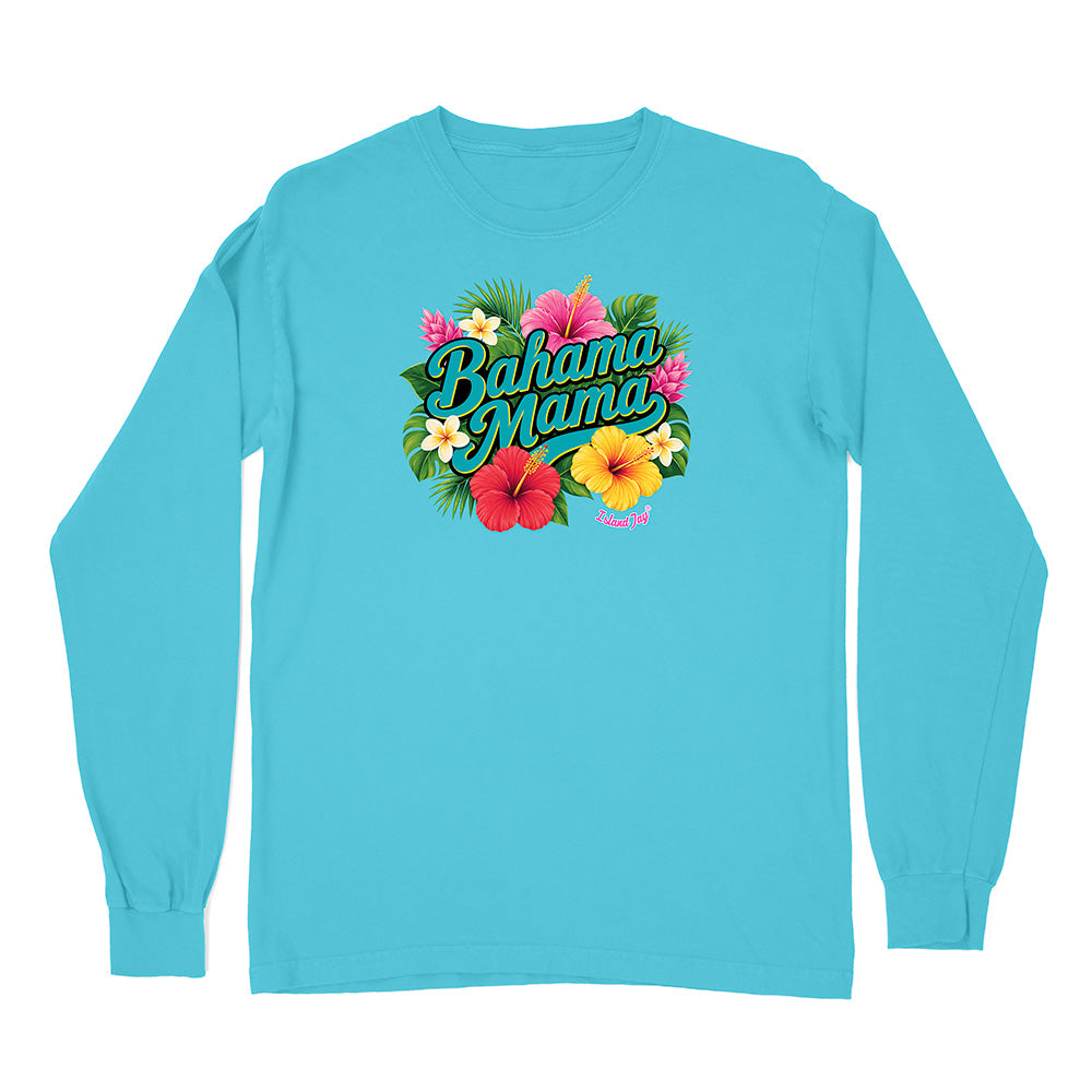 Blue long-sleeve shirt with 'Bahama Mama' text and floral design on a white background