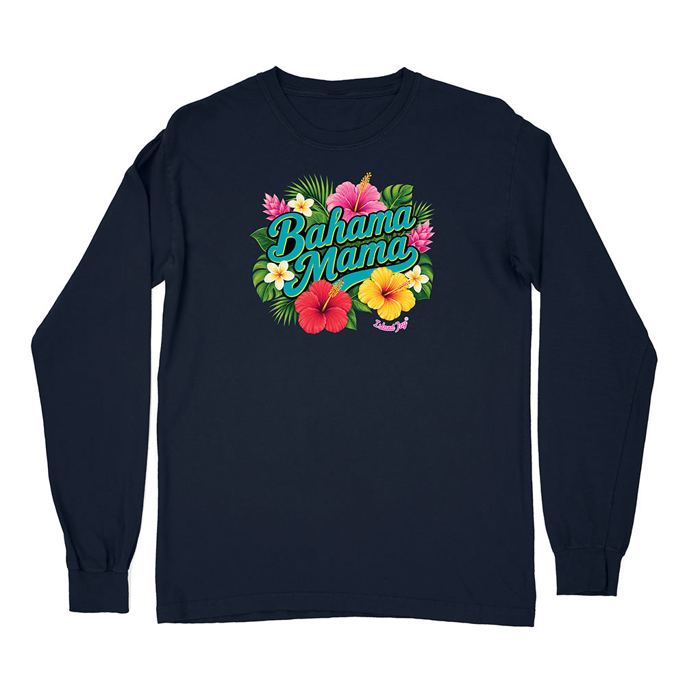 Navy blue long-sleeve shirt with 'Bahama Mama' text and floral design on a white background