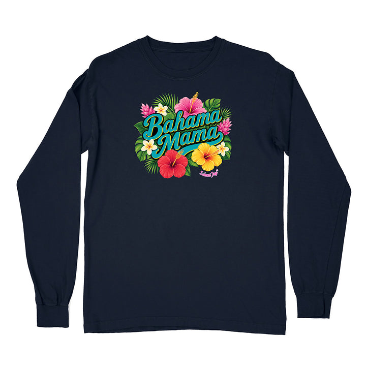 Navy blue long-sleeve shirt with 'Bahama Mama' text and floral design on a white background